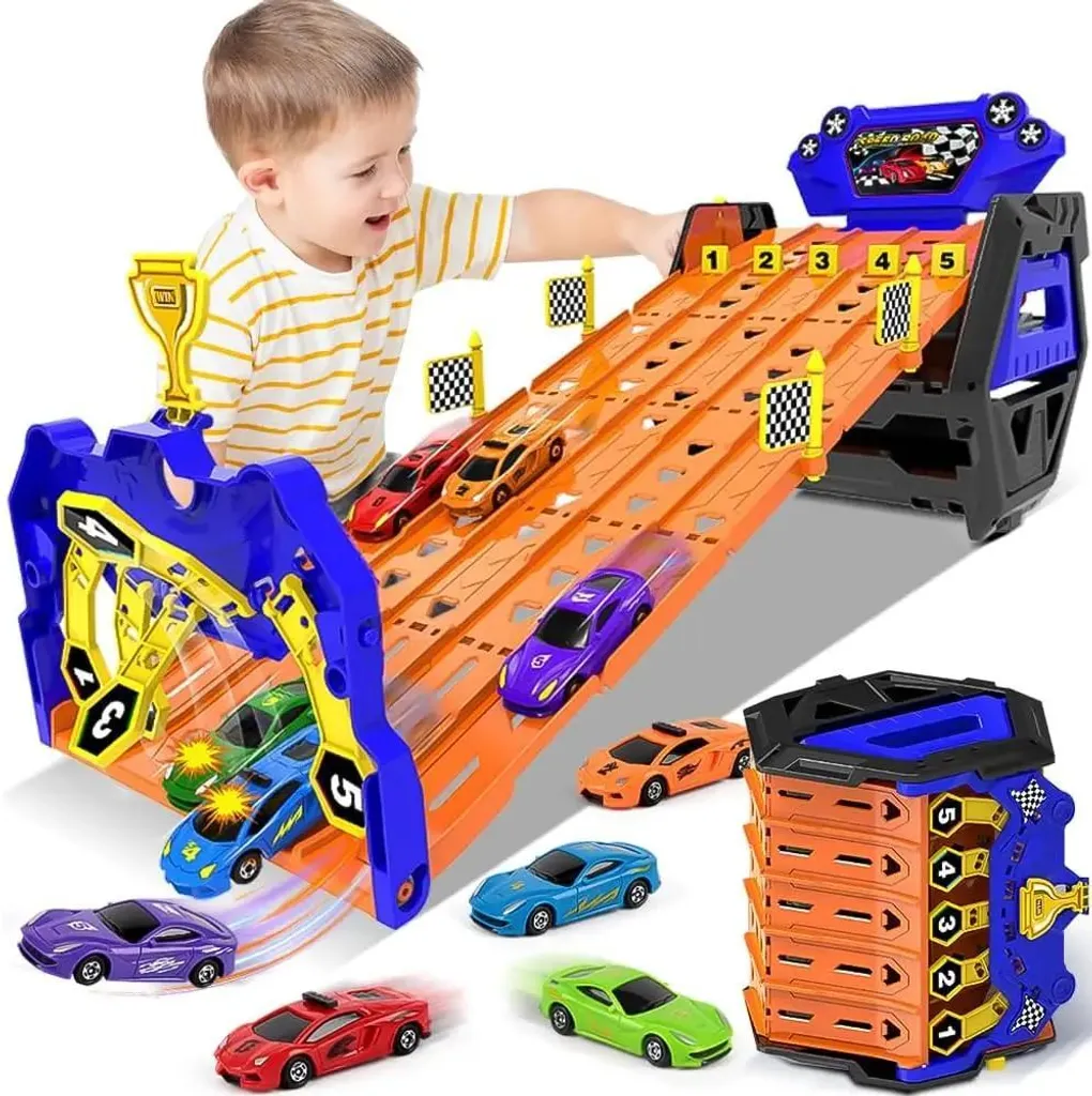 Circuit de Course Portable avec Camion de Transport et 5 Mini Voitures