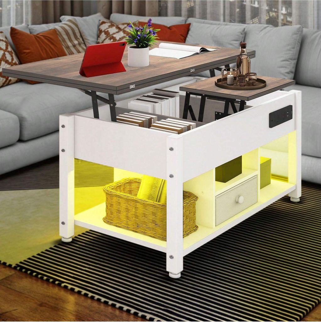 BALCONERA Couchtische, Beistelltische, Wohnzimmertisch, Höhenverstellbar, Esstisch-umwandelbar, Stauraum, LED-Beleuchtung, weiß + braun