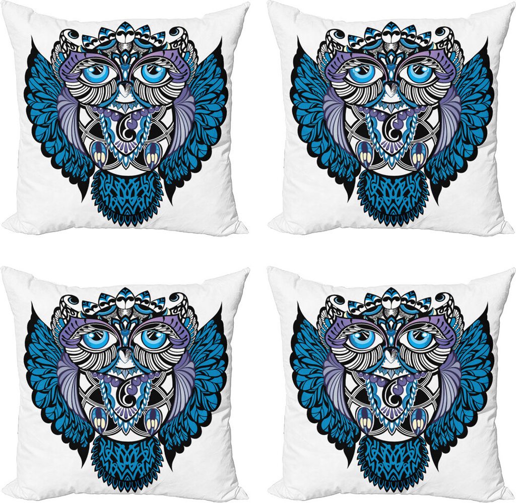 ABAKUHAUS Stammes Kissenbezug Set (4 Stück), Eulen-Vogel-Tier Tattoo, Moderner Doppelseitiger Digitaldruck, 50 cm x 50 cm, Marine-Blau und Lila
