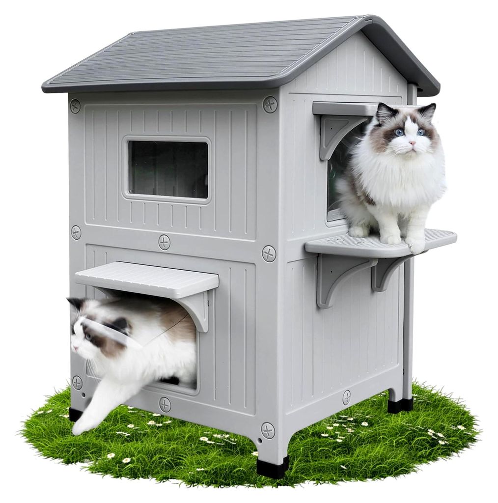 Katzenhaus für den Außenbereich, 2-stöckiges Katzenhaus aus Kunststoff, wetterfest mit Fluchttür, idealer Unterschlupf für kleine bis mittelgr...