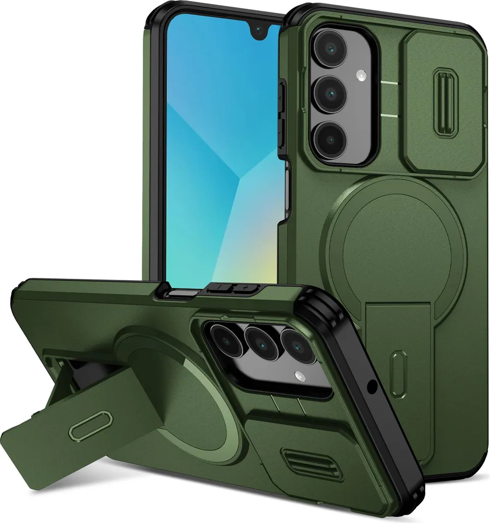 Custodia magnetica per Samsung Galaxy A16 5G/4G, custodia resistente a doppio strato con protezione scorrevole della fotocamera e supporto regolabile Verde