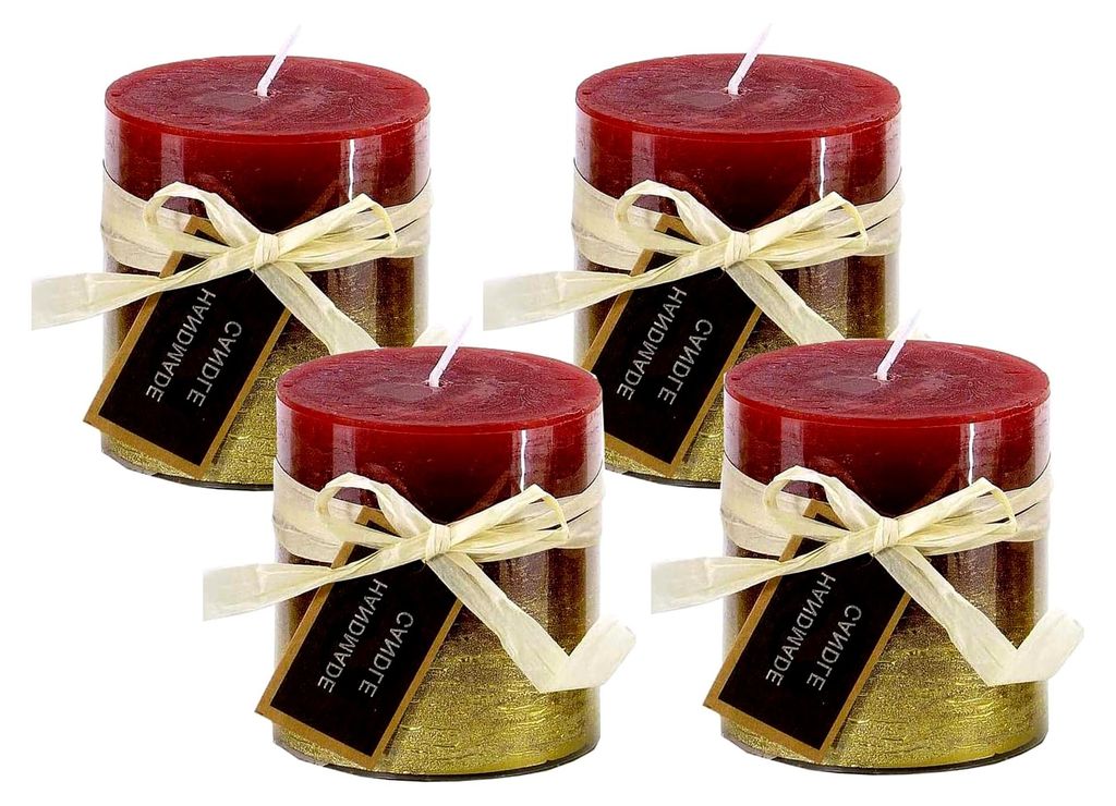 Stumpenkerze, handgefertigt in Rot-Gold-Metallic (4er Set) 7,2 x 6,8 cm - Kerze für Adventskranz