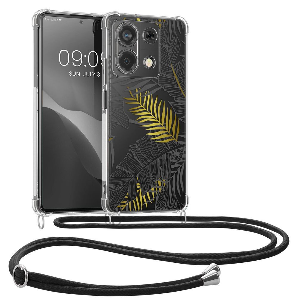 kwmobile Necklace Case kompatibel mit Xiaomi Redmi Note 13 5G Hülle - Silikon Cover mit Handykette - Gelb Grau Transparent Dschungel