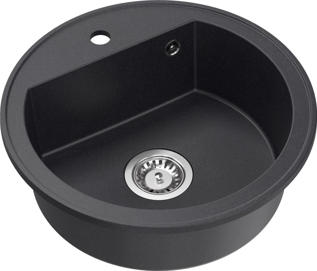 QUADRON Rund Spülbecken 1-Becken Spüle | Größe: 51 x 51 x 18 cm, Ø 43 | JOHNNY 210 | Küchenspüle Granitspüle mit Siphon | Schwarz & Stahl