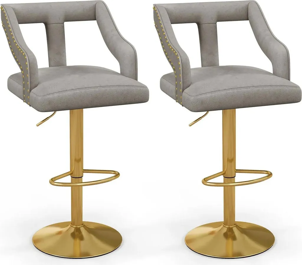 Lot de 2 Tabourets de Bar Pivotants en Velours Gris Clair et Pied Doré