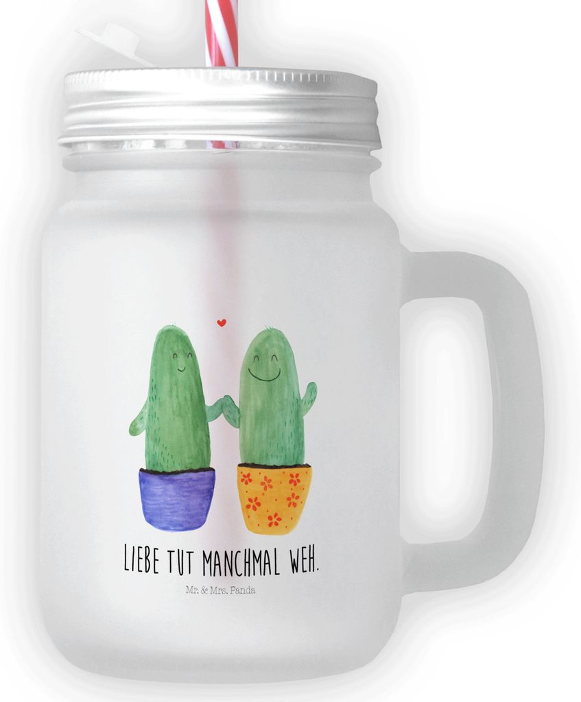 Mr. & Mrs. Panda Glas Kaktus Liebe - Transparent - Geschenk, Love, Paar, Kakteen, Mit Schraubdeckel, Hochzeit, Cocktailglas, Trinkglas Strohhalm, b...