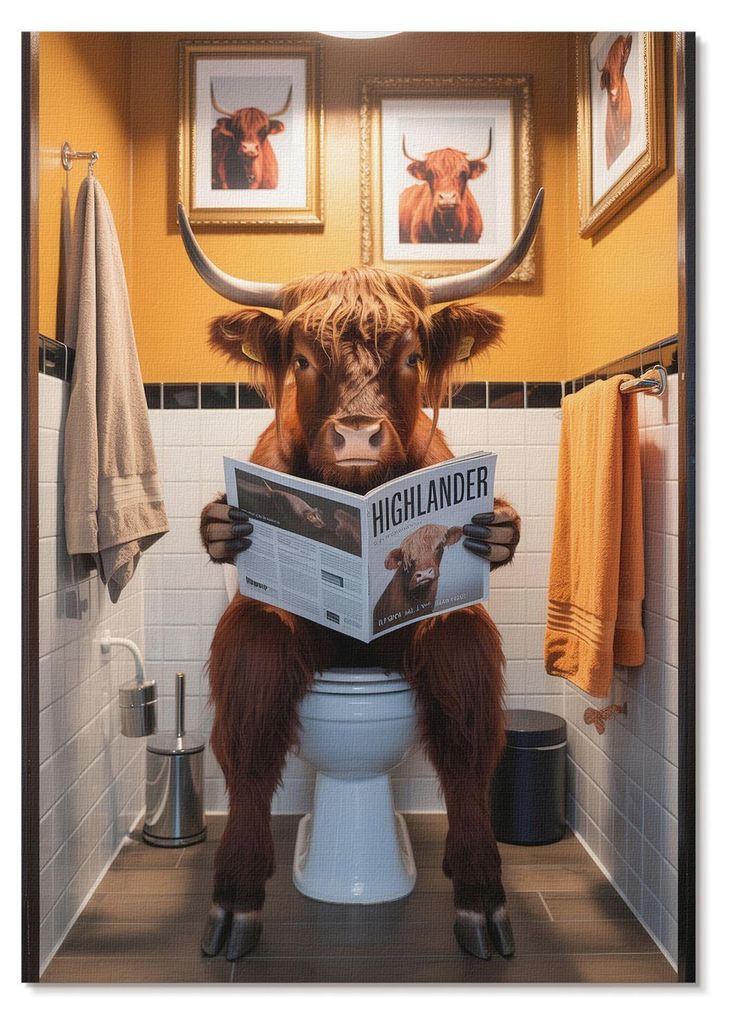 POSTER - 21x29 cm (A4) - Rin - Orangefarbene Wände, Büffel auf Toilette Magazin - Wandbild für Wohnzimmer Schlafzimmer & Flur, Modernes Poster W...