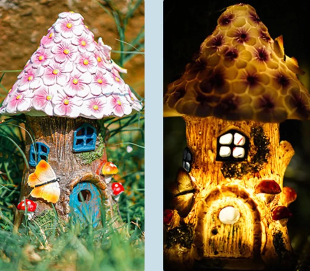 2er-Pack Solar-Gartenleuchten, Harz-Baumhaus, Pilzhaus, LED-Lampe, Baumhausfigur, Gartenstatue, Balkon, Rasen, Ornament, Solar-Gartendekolampe