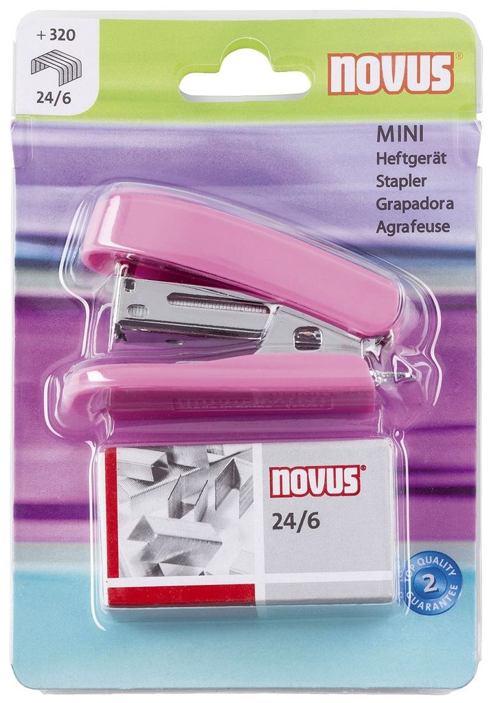 Cucitrice Mini Novus - 320 Punti, Formato 24/6, Per 12 Fogli - Colore Rosa