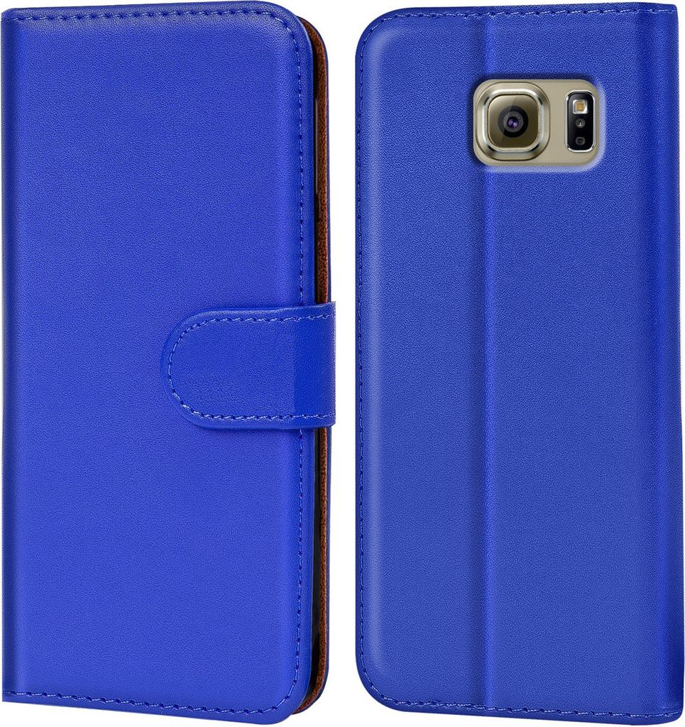A blue flip case for a Samsung Galaxy S6 is shown from two angles.