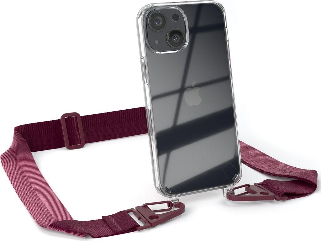 EAZY CASE - Hülle mit Band für Apple iPhone 13 Mini, Handyhülle mit Umhängeband, Silikonhülle transparent, Handykette in Rot