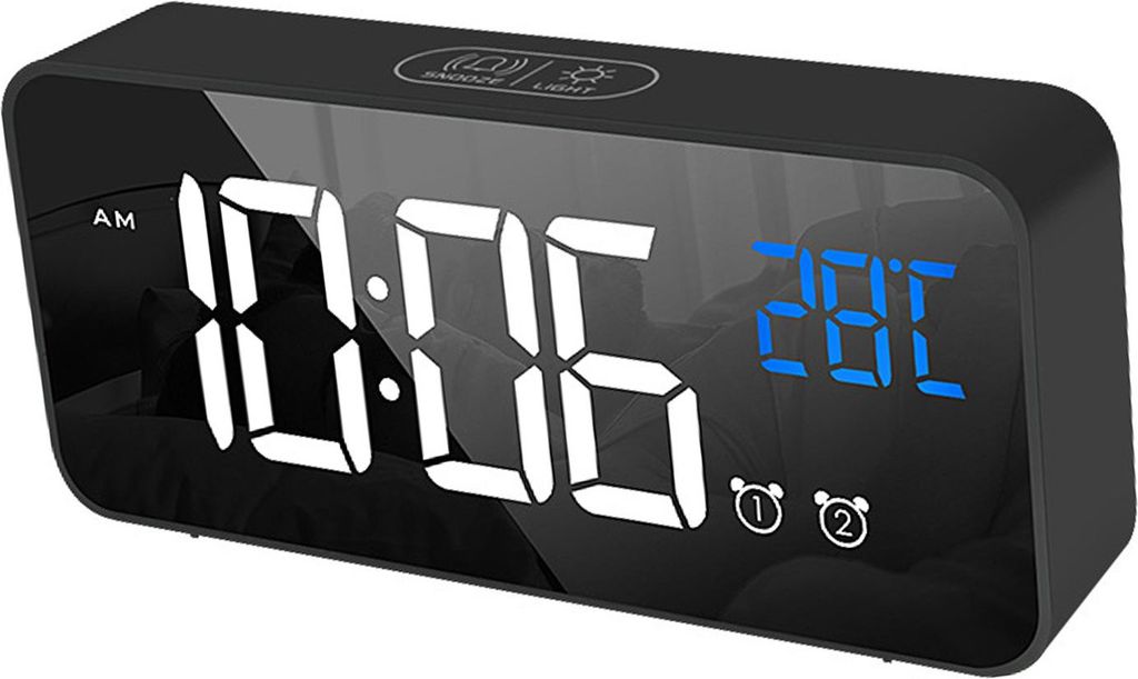 LED-Wecker Elektrische Uhr Multifunktionale Exquisite verspiegelte Oberfläche Stille Nachttischuhr für Haus Schlafzimmer Büro Dekor Schwarz