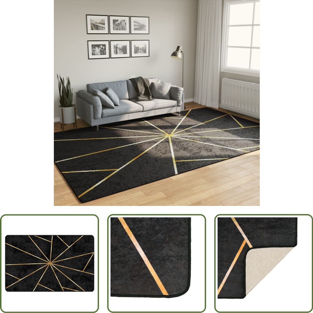 The Living Store Teppich Waschbar Schwarz und Golden 190x300 cm Rutschfest