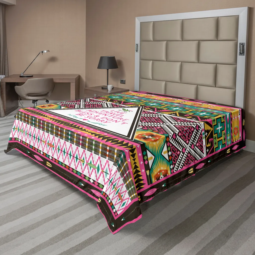ABAKUHAUS Lenzuolo etnico, viaggi avventura hippie decorazioni geometriche colorate elementi folcloristici, lenzuolo morbido e confortevole per un letto decorativo 1 pezzo 266 cm x 260 cm, rosa e marrone