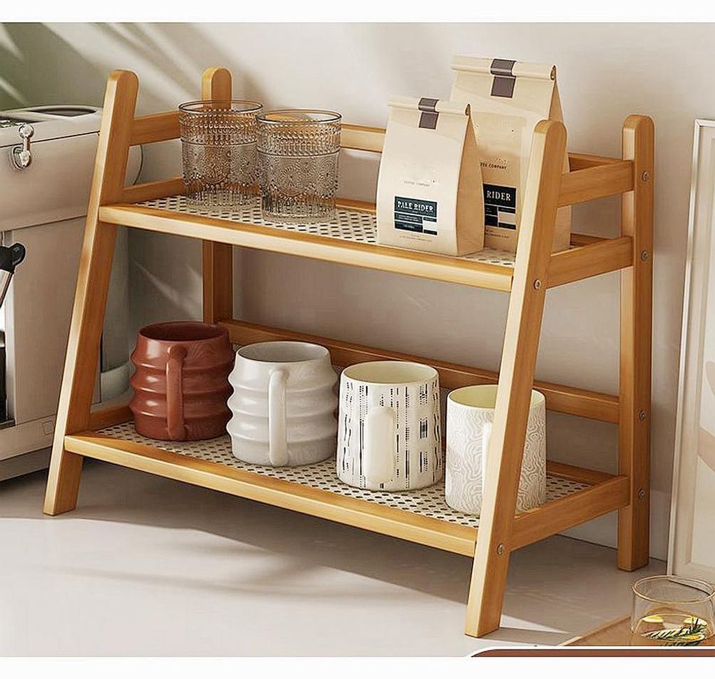 Küchen- und Tischregal für Gewürze, Tassen und Kaffeebecher, 2 Ebenen, Bambus, Blumenhalter, Bücherregal (Holzfarbe, groß)