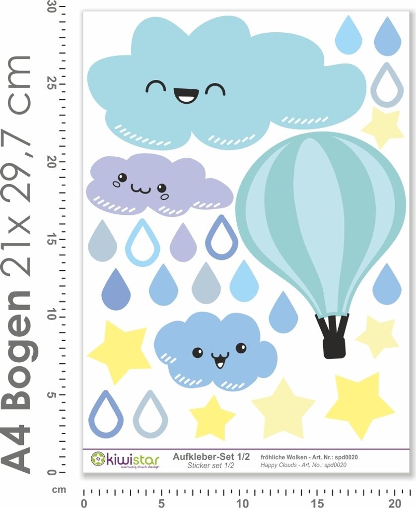Kiwistar Wolken Heißluftballon Gesamtgröße, Wandsticker Set Bogen Aufkleber farbig DIN A4