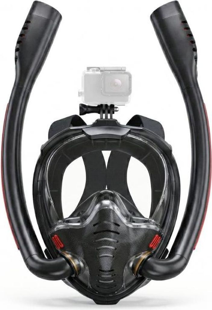 Schnorchelmaske S/M 180° Grad Sicht Doppelschnorchel Vollgesichtsmaske Tauchmaske mit Aktion Kamera-Halterung Schwarz