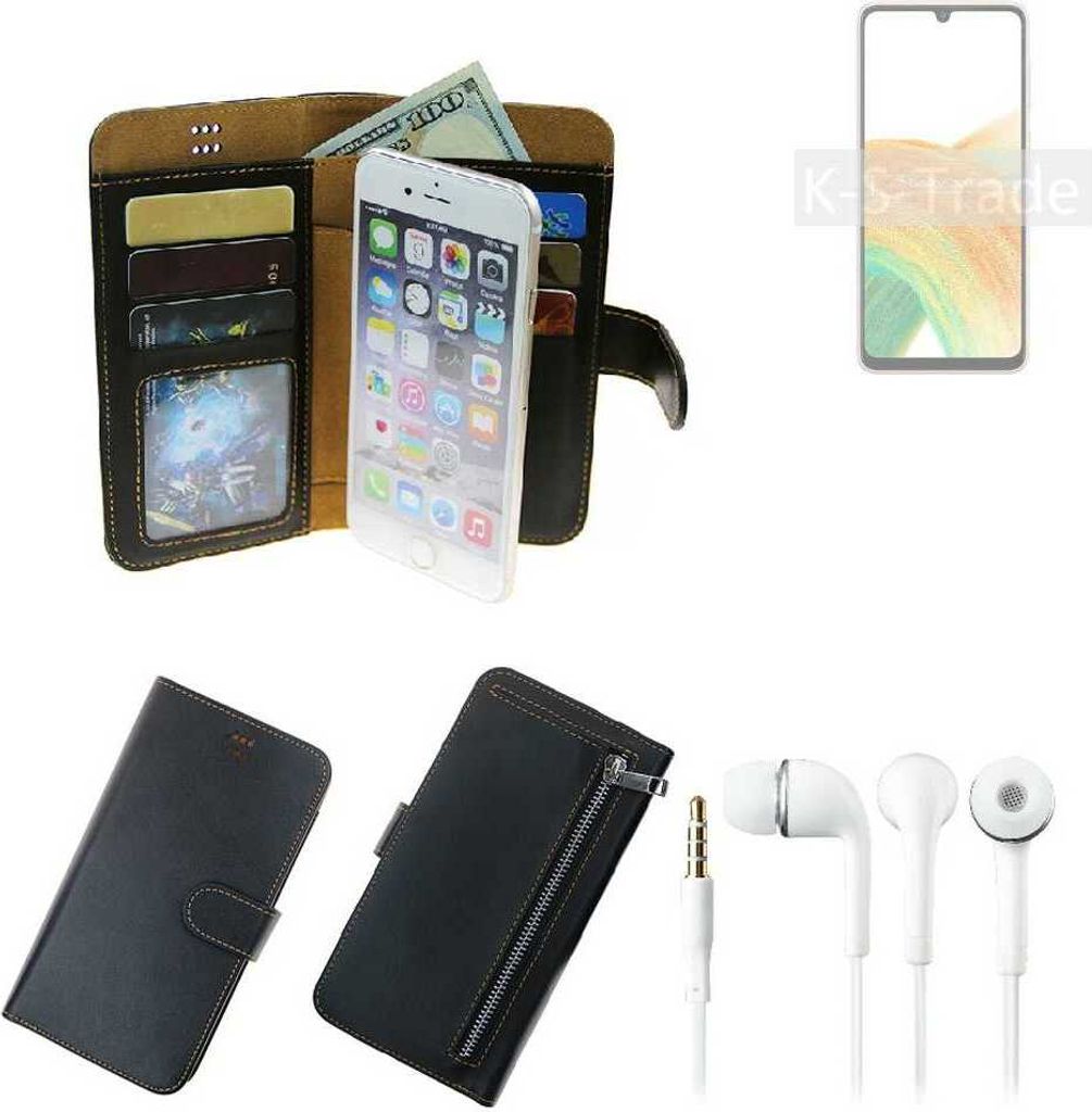 TOP SET Handy Hülle Schutz Hülle kompatibel mit Samsung Galaxy A33 5G schwarz aus Kunstleder + Kopfhörer Smartphone Tasche vollwertige Geldbörse