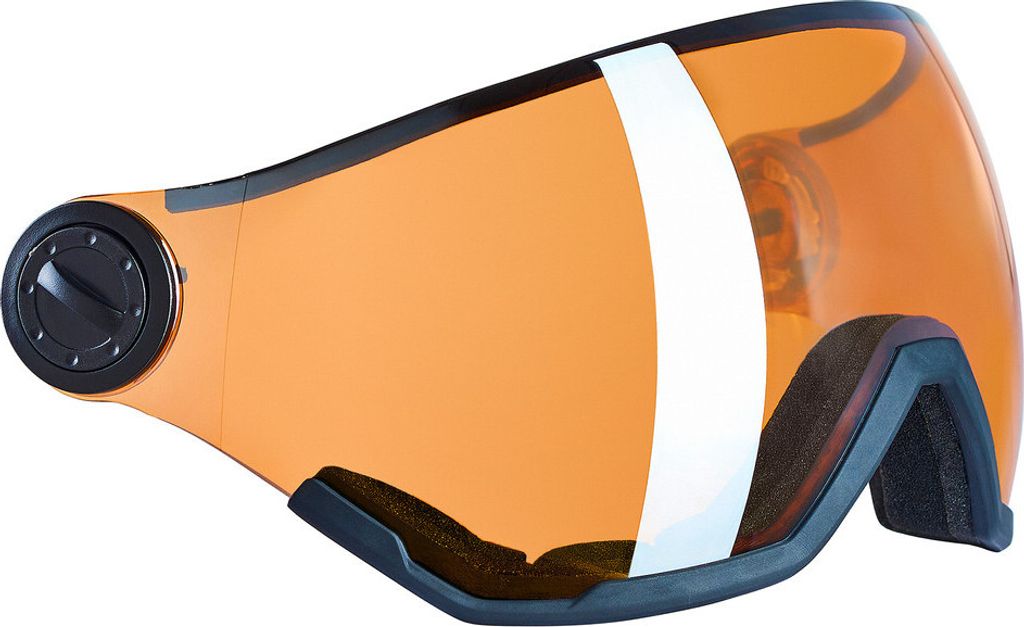 A close-up side view of an orange ski helmet visor.