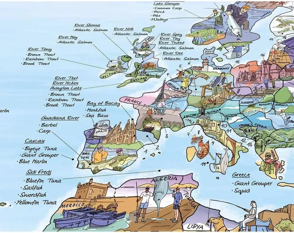 Carte de Pêche Illustrée Awesome Maps - Finition Multicolore Inscriptible