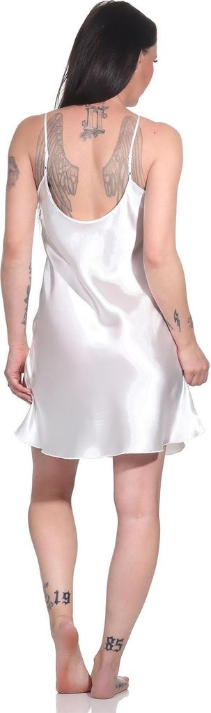 Damen kurzes Satin Negligé Nachtkleid Nachthemd Satin; Ecru M