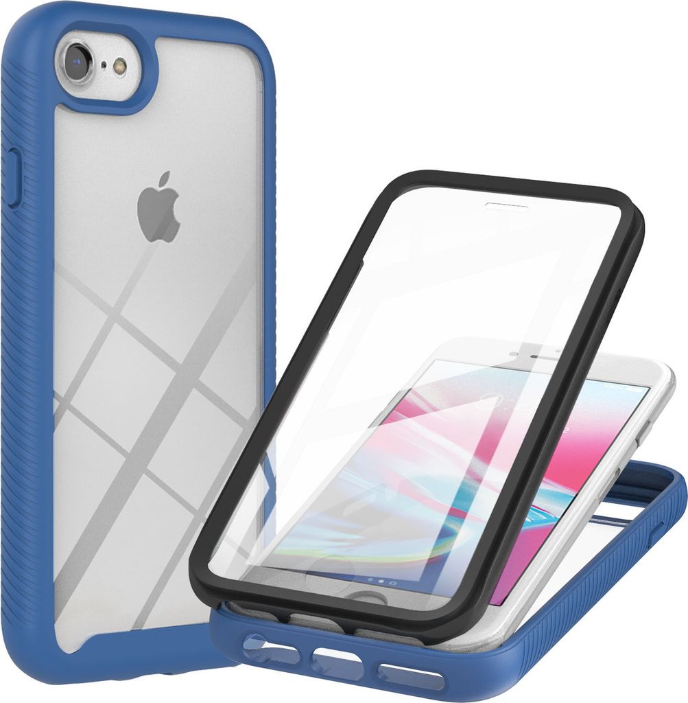 A blue and clear iPhone case is shown, with a second iPhone case disassembled to show its layers.