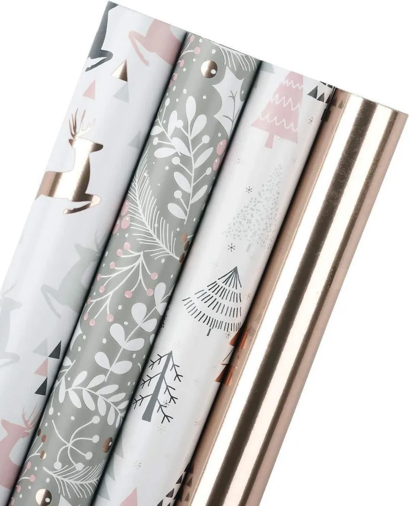 Papier Cadeau pour Grands Paquets Cerf Rose Gris - Lot de 4 XL