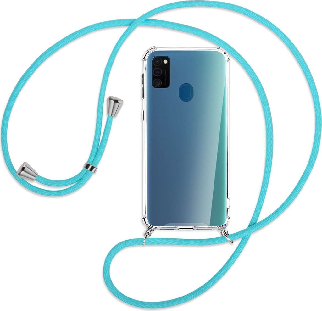 Handykette Backcover-Schutzhülle mit Band (Metall silberfarben) für Samsung Galaxy M30s - türkis