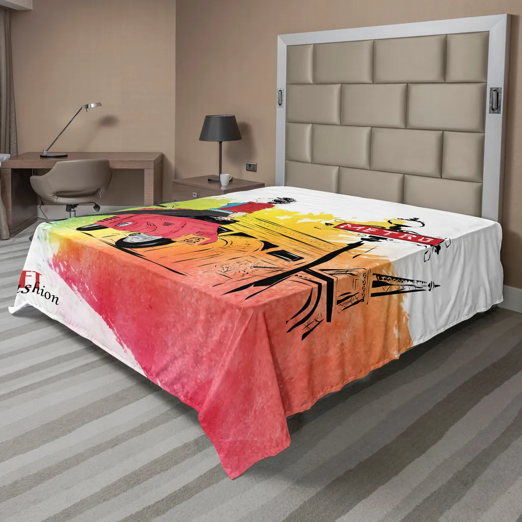 ABAKUHAUS Lenzuolo retrò, donna su una moto rosa - Moda di tendenza a Parigi - Torre Eiffel - Stampa artistica, lenzuolo morbido e confortevole per un letto decorativo 1 pezzo 275 cm x 260 cm, arancione e rosso