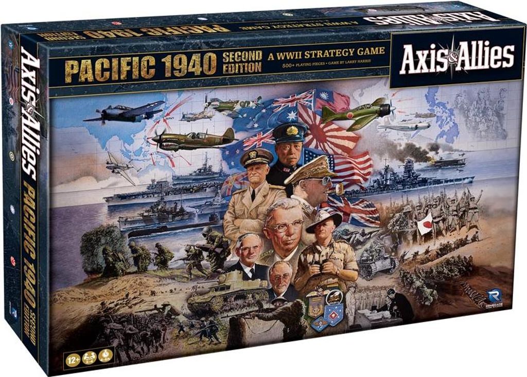 The image shows the box of a board game, "Axis & Allies Pacific 1940 Second Edition". The box art depicts a scene from World War II with military figures, ships, and aircraft.