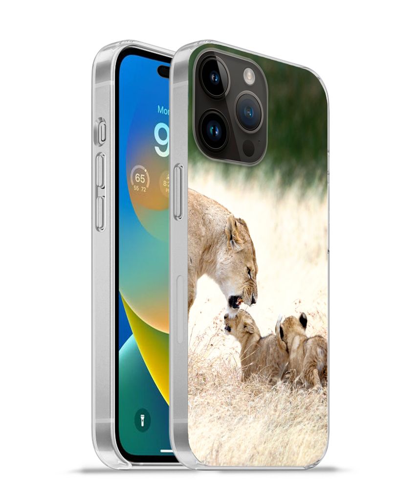 MuchoWow Handyhülle Schutzhülle Hülle für Apple iPhone 14 Pro Max Löwe - Gras - Junge - Familie Silikon Softcase Handy Hülle - Hardcover