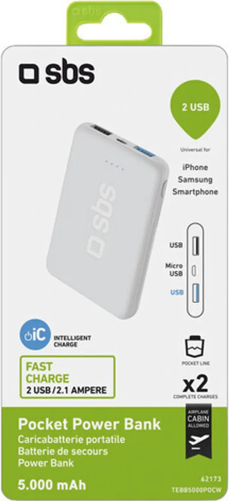 SBS TEBB5000POCW Batterie Externe 5000 mAh Li-Po Blanche Ultra Fine