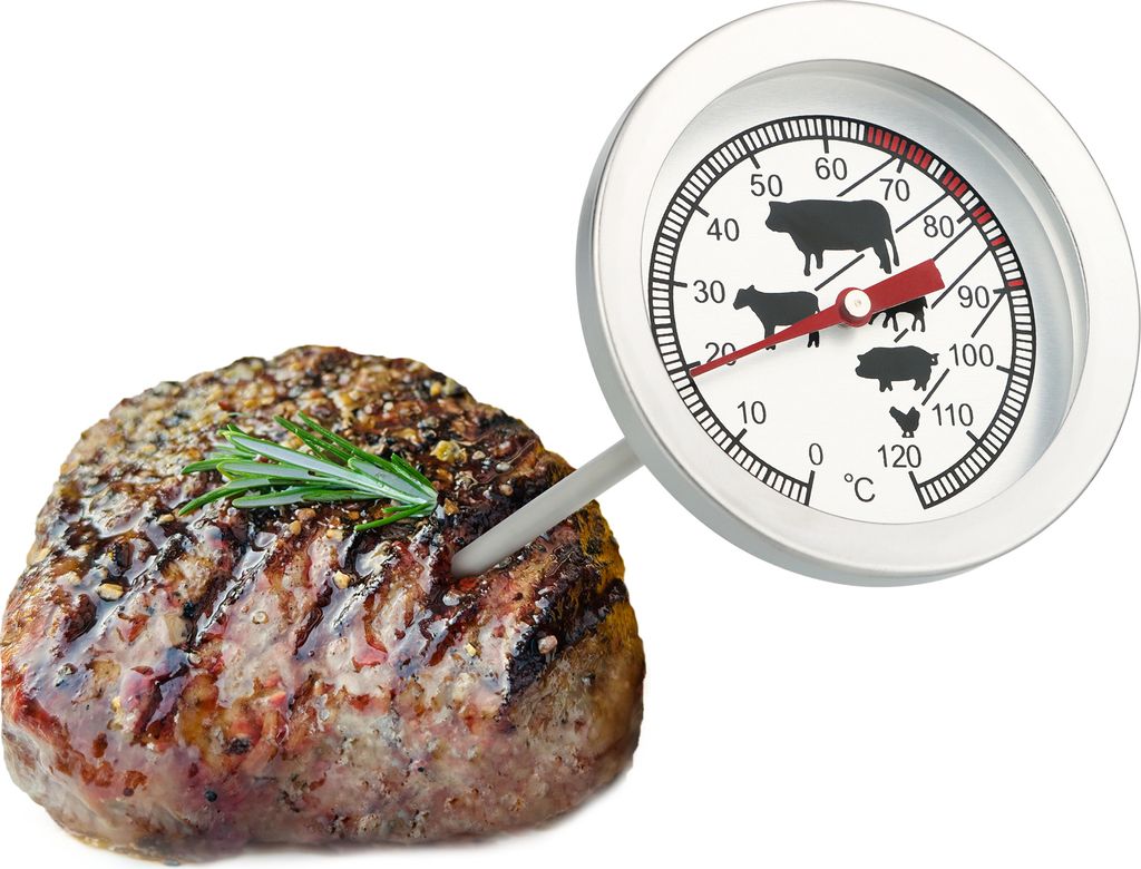 A cooked piece of meat with a thermometer inserted, next to a meat thermometer.