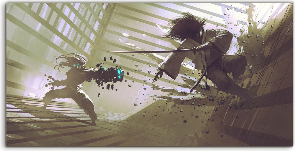 Coloray Glasbild 140x70 Wandbild Glasbilder Kampf zwischen Samurai und Roboter