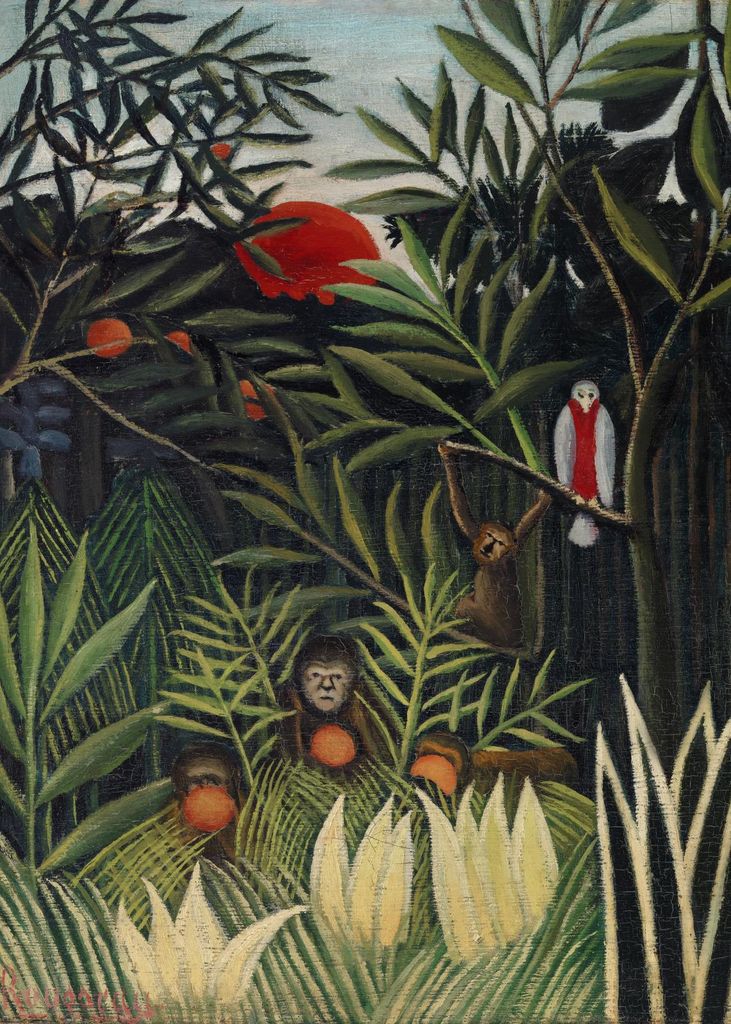 Plakat 50x70cm Affen und Papagei, Rousseau Vintage fürs Wohnzimmer