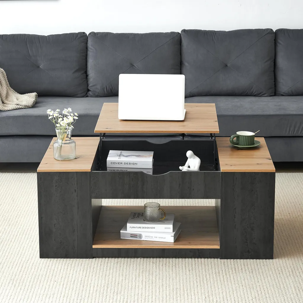 Table basse relevable 110 cm gris et bois marron avec coffre MDF - 10