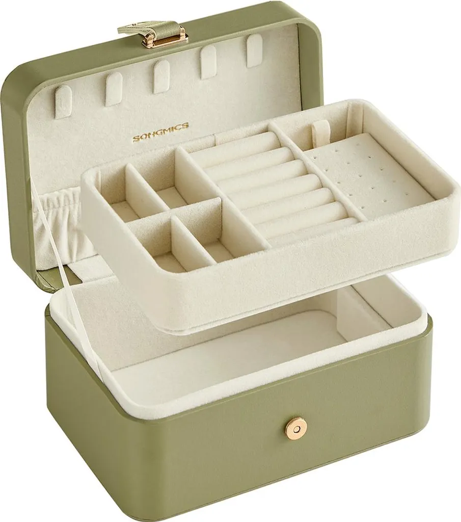 Coffret bijoux 2 niveaux avec tiroir amovible coloris vert laurier