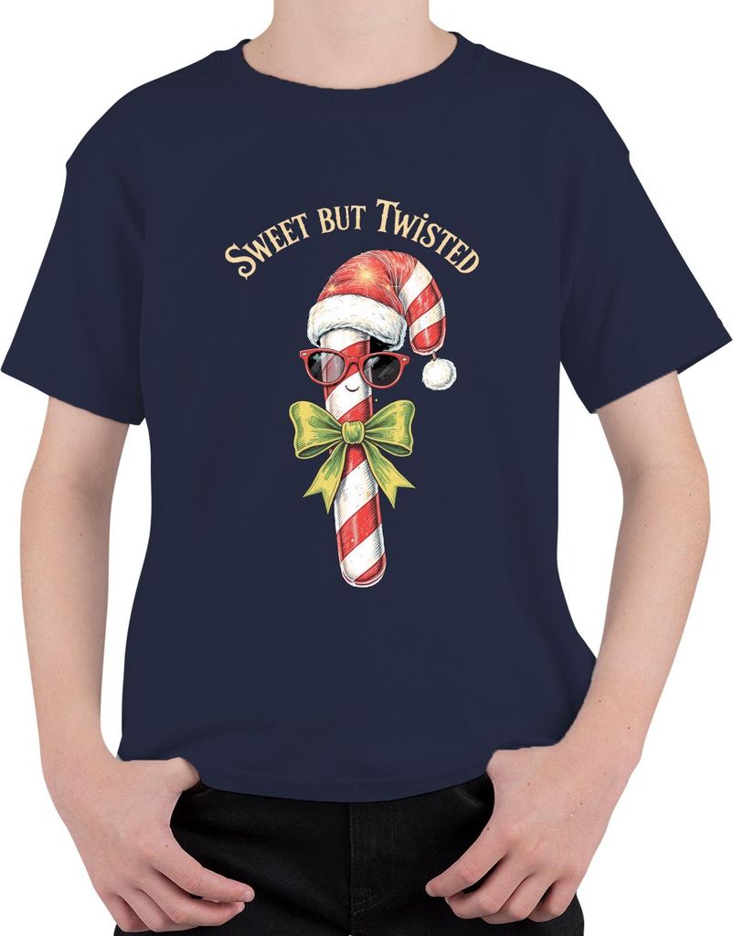 Sweet But Twisted Candy Cane Santa Hat Sunglasses Bow Weihnachten Uni Kinder T-Shirt, Navy, 116