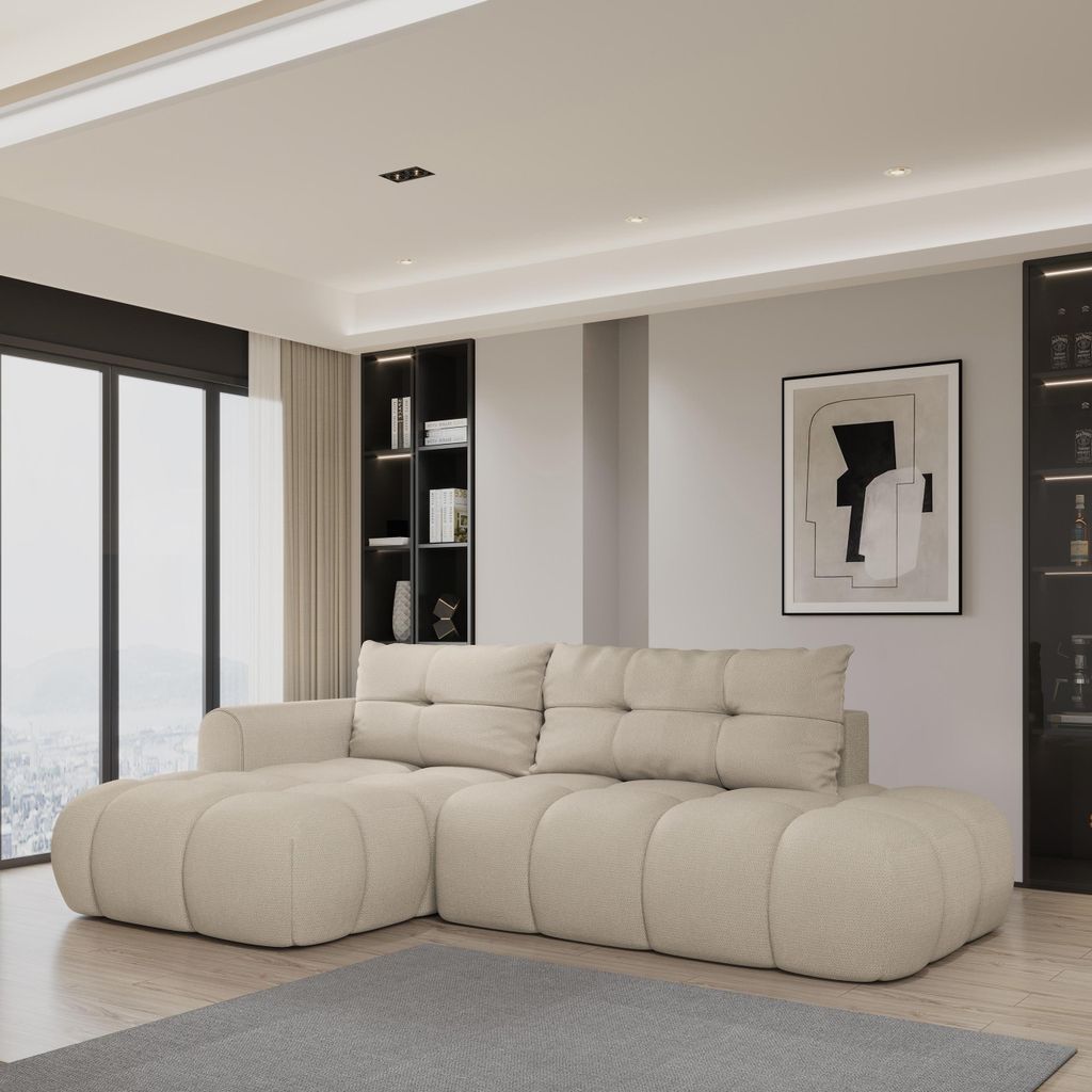 Masseno Ecksofa FLUMA L-S mit Schlaffunktion L-Form, Sofa mit Bettkasten, Wohnzimmersofa, Couch, Soffa, Bettsofa, Couchgarnitur- Beige, SORO 21