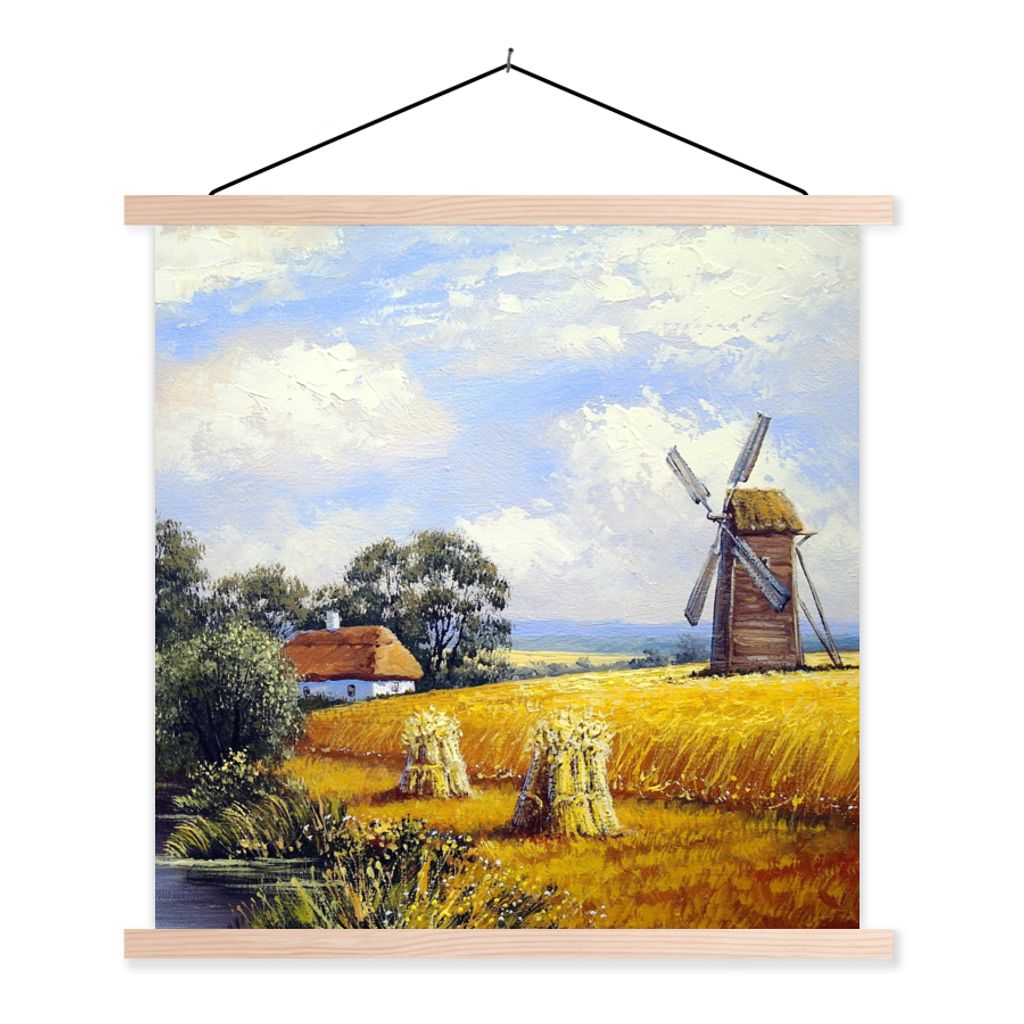 MuchoWow Textilposter Gemälde - Bauernhof - Mühle - Ölfarbe 120x120 cm mit holzfarbenen Rahmen - Textil-Poster