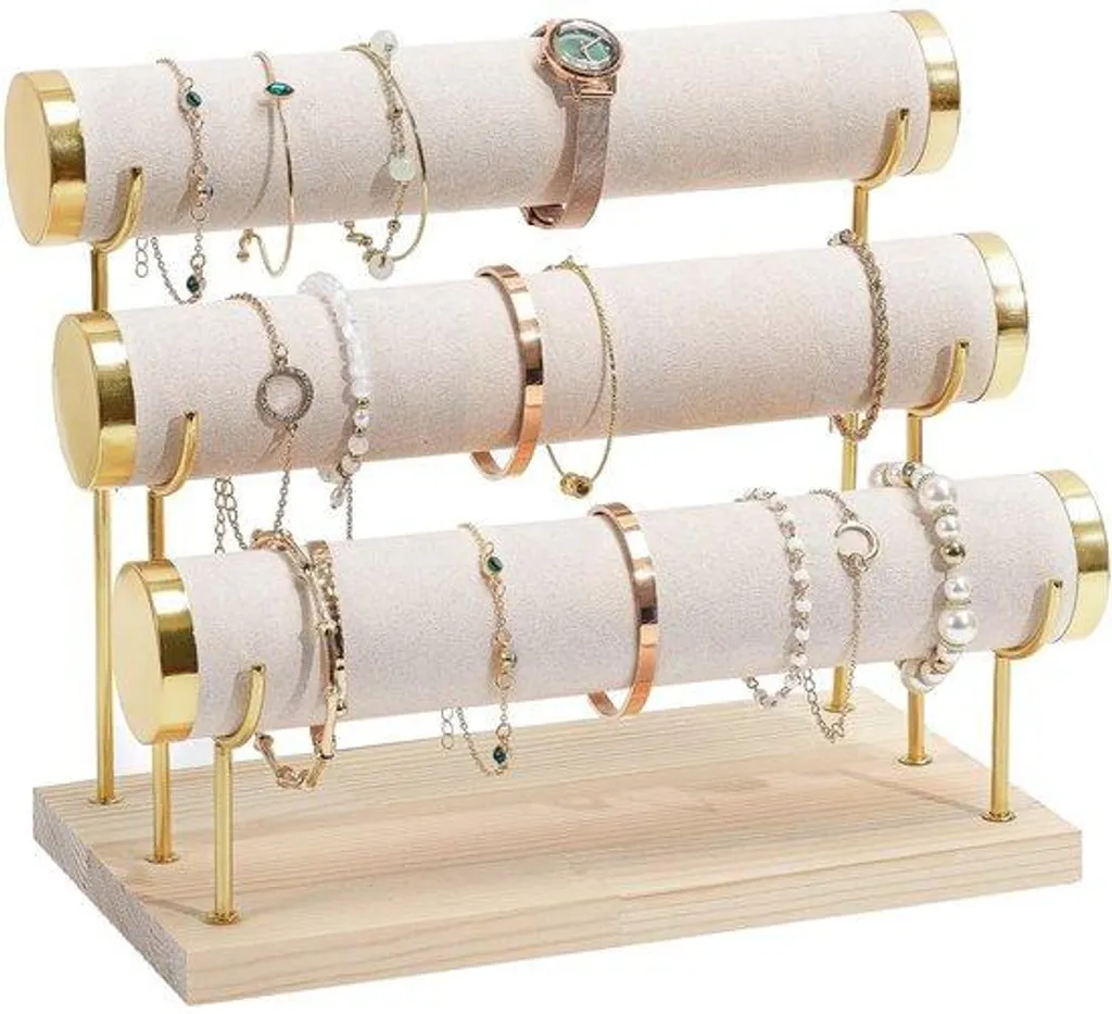 Rangement Bracelet Montre Velours Beige - Organisateur 3 Rangs en T