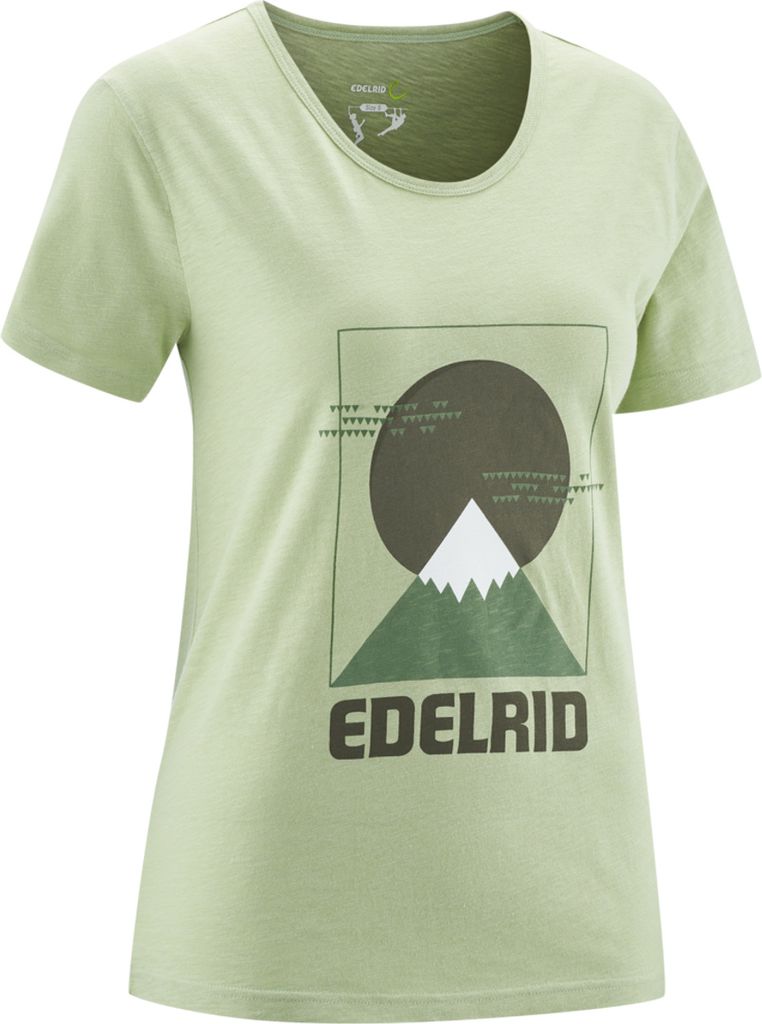 Helles grünes Highball T-Shirt von Edelrid mit Berg- und Sonnenmotiv.