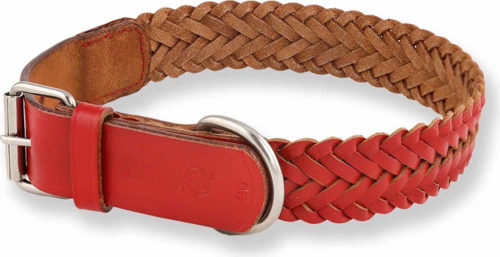 Monkimau Hundehalsband Lederhalsband Halsband für Hunde aus Leder geflochten rot M