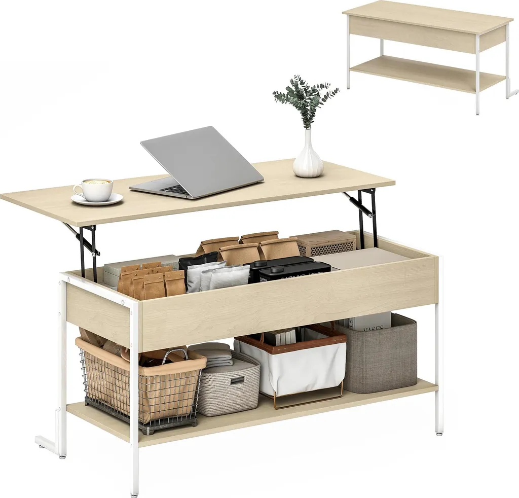 Table de salon à plateau relevable et compartiment de rangement blanc