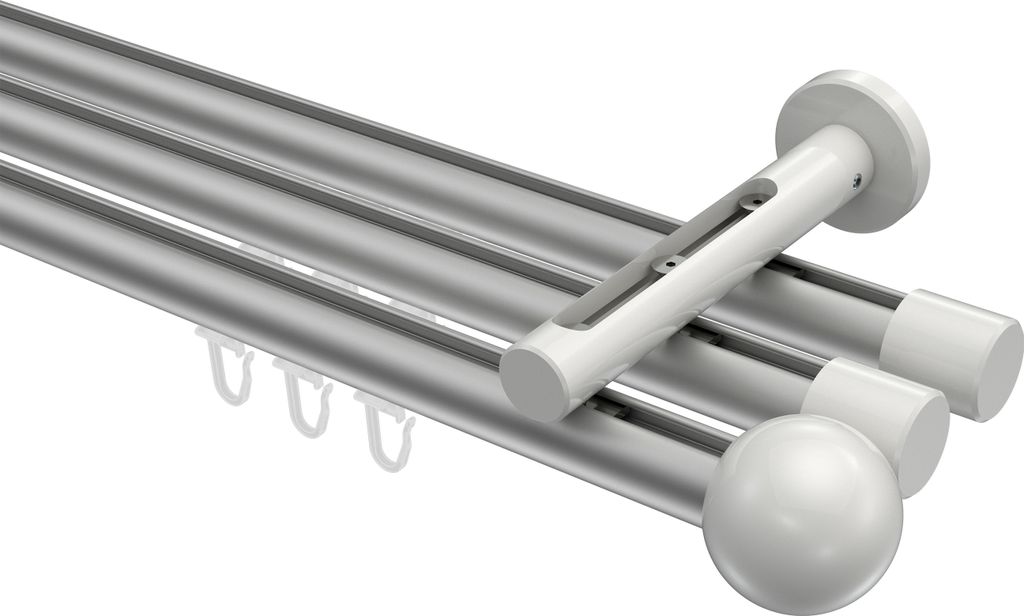 Interdeco Innenlaufstange / Gardinenstange mit Innenlauf Silbergrau / Weiß, Typ Siteno Luino (Kugel), 20 mm Ø 3-läufig, 520 cm