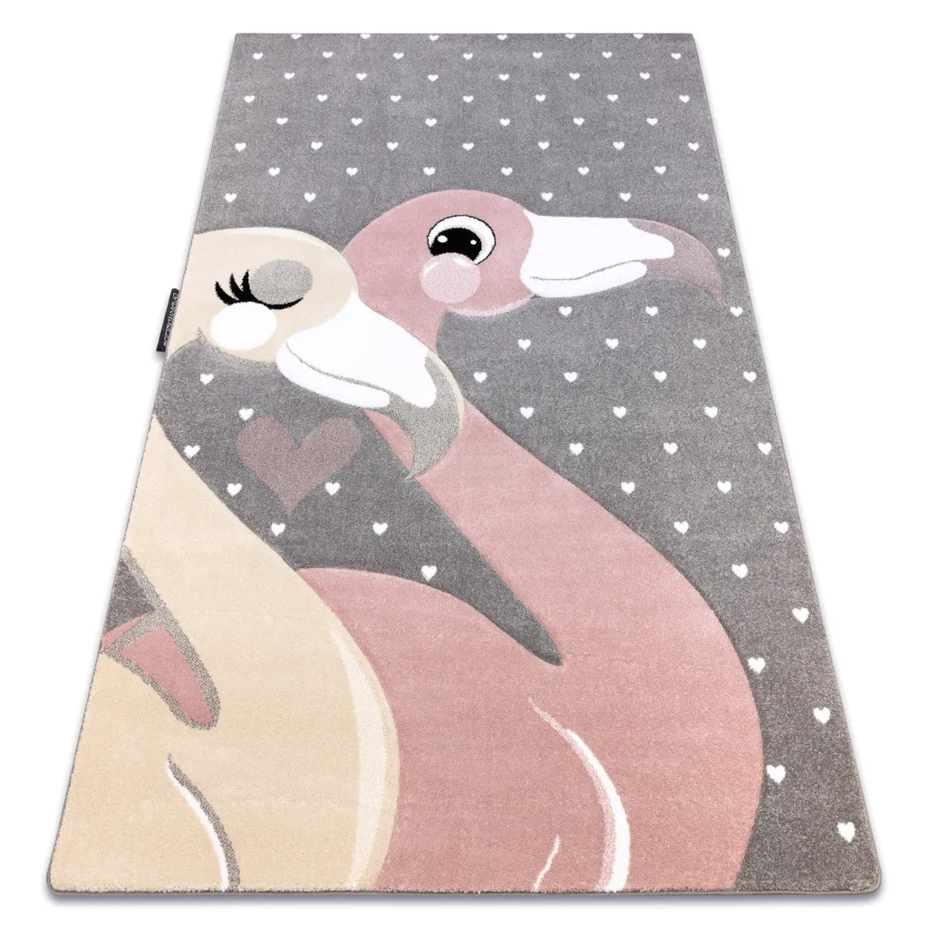 Tapis gris PETIT FLAMINGOS CŒURS 200x290 cm en textile ultra résistant