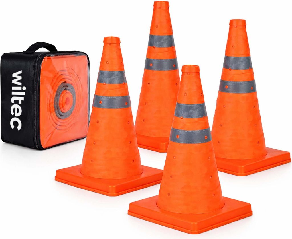 Wiltec 4x klappbarer Verkehrskegel 45 cm, Leitkegel zum Absichern, Pylone mit reflektierenden Streifen, Warnkegel inkl. Tasche
