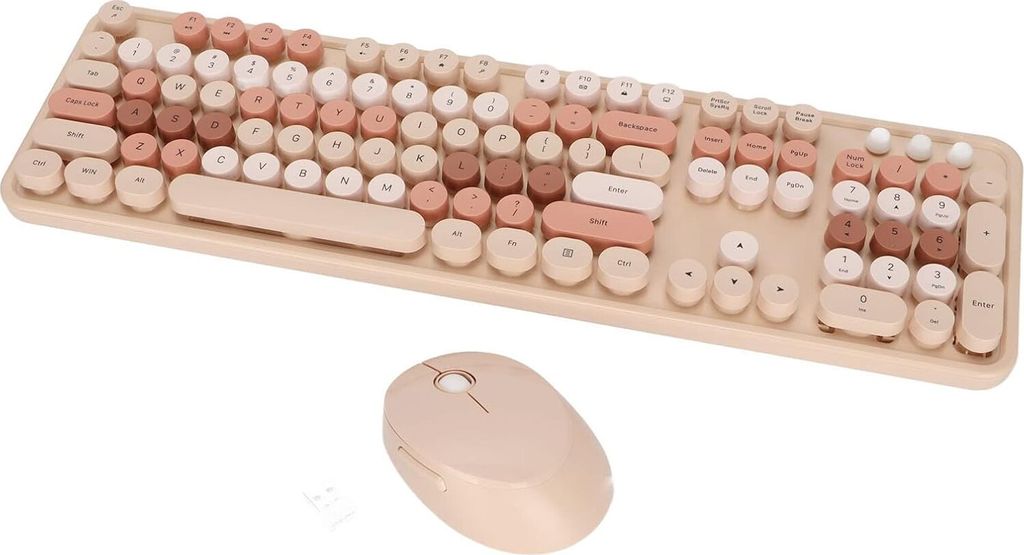 Tastatur Maus Combo, 104 Tasten Retro Runde Tastenkappen Tastatur, Süßes Ergonomisches Tastaturgeschenk für Mädchen, 2,4 G USB Wireless Keyboard