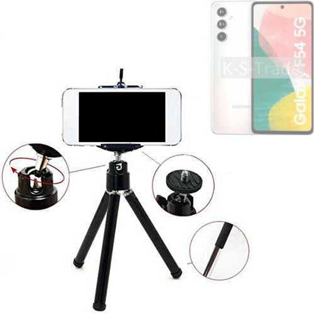 K-S-Trade Smartphone Stativ Dreibein kompatibel mit Samsung Galaxy F54 5G Tripod aus Aluminium Klemmstativ Stativ Adapter für Mobiltelefone schwarz
