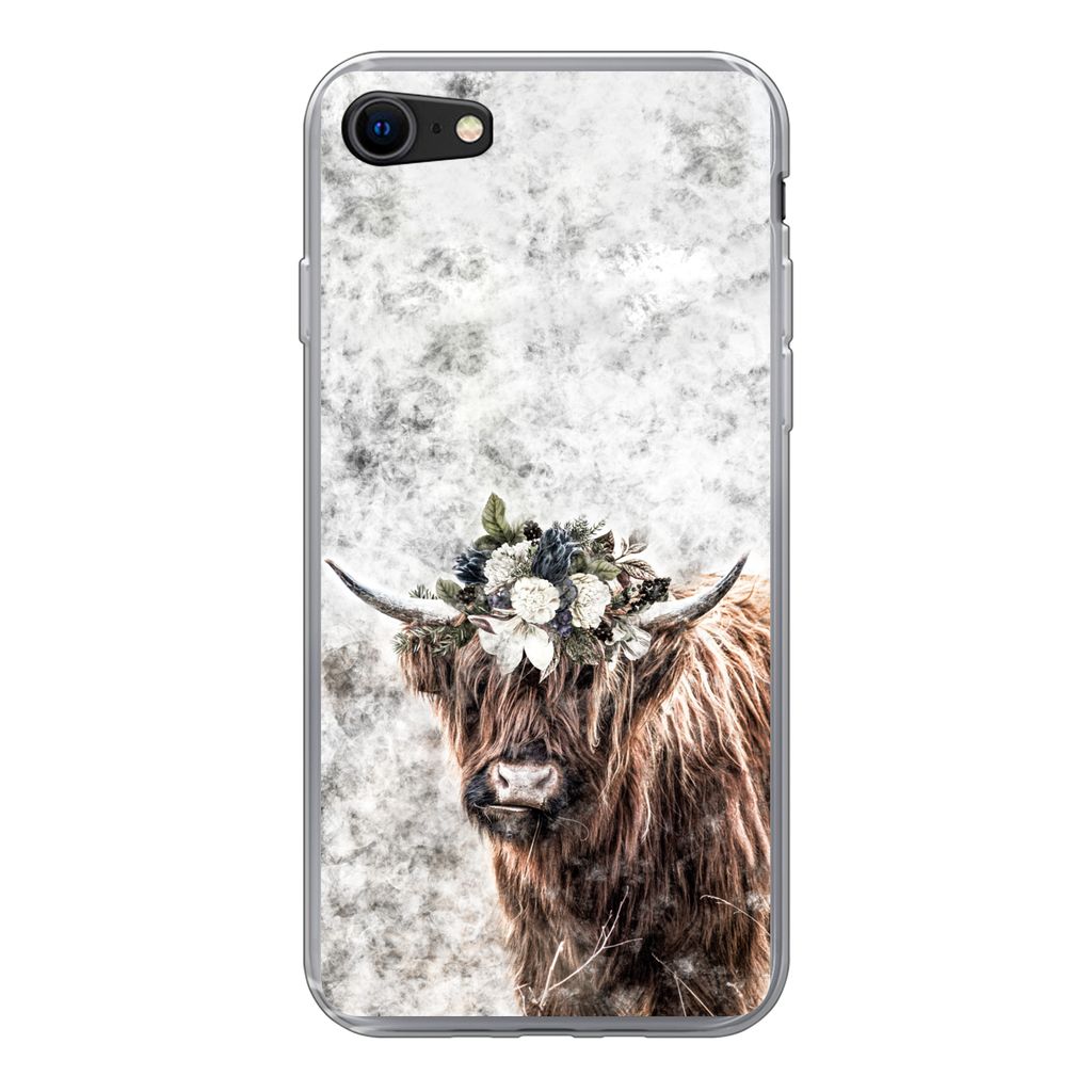 MuchoWow Handyhülle Schutzhülle Hülle für iPhone 7 Schottischer Highlander - Marmor - Blumen Silikon Softcase Handy Hülle - Kartenhalter